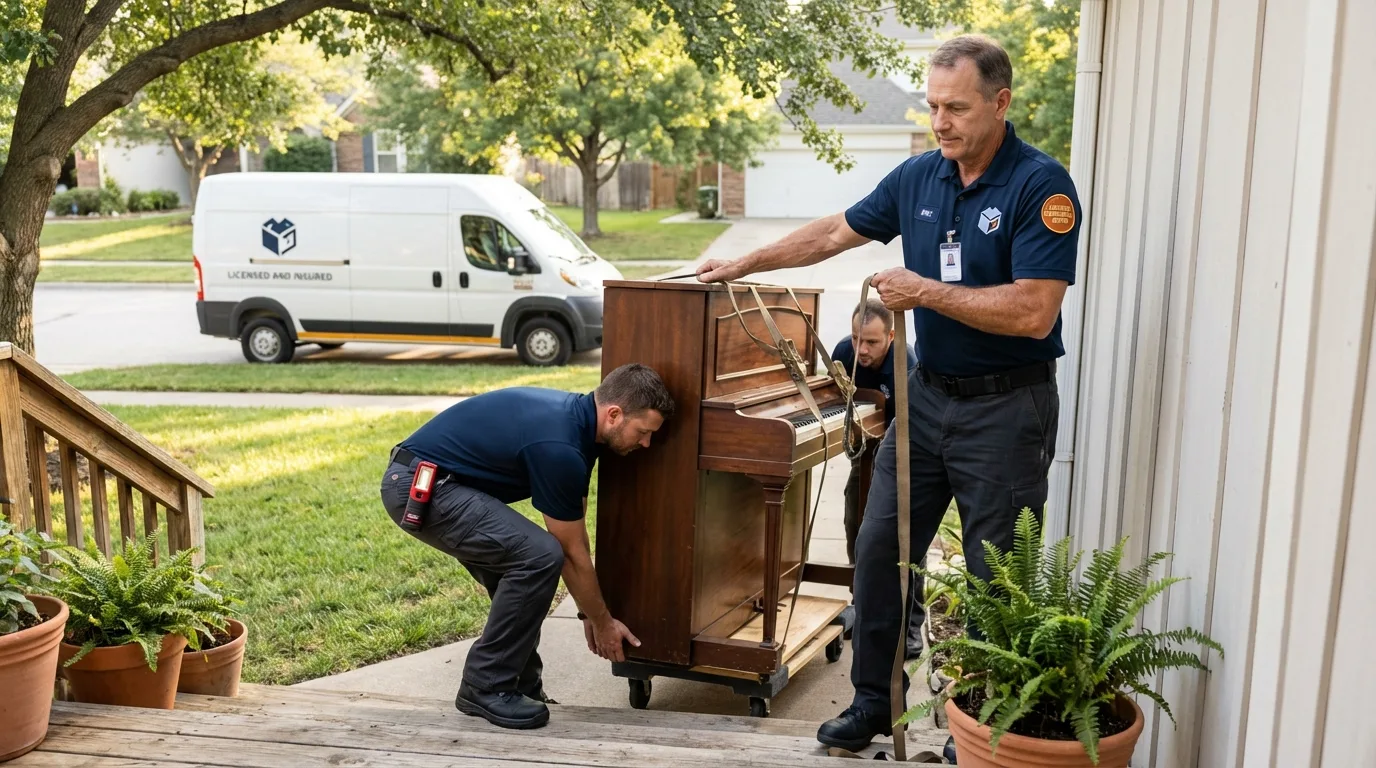 Licensed piano movers securing grand piano in Reno, OH