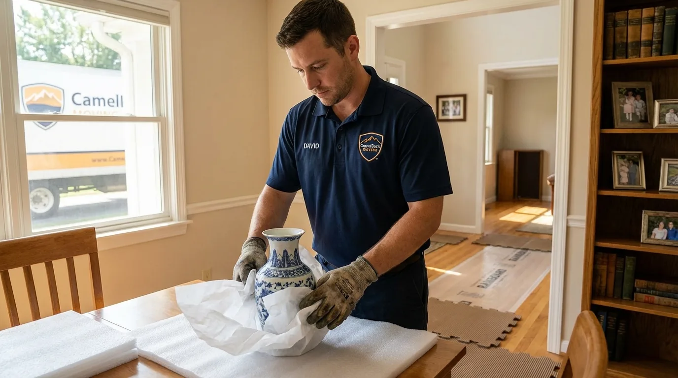 Professional crew carefully wrapping antique vase for senior downsizing move in Reno, OH